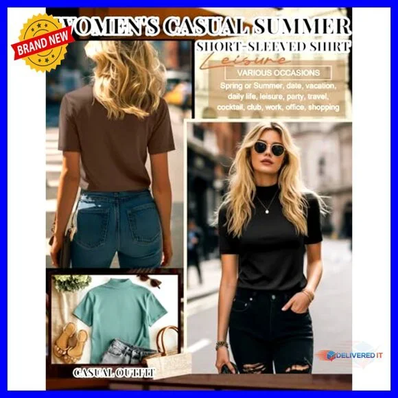 Mock Neck Turtleneck Tops Slim Fitted Dressy Casual Tees Summer Basic